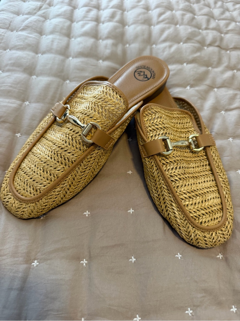 White Mountain Tan Woven Raffia Slip-On Loafer with Gold Bit